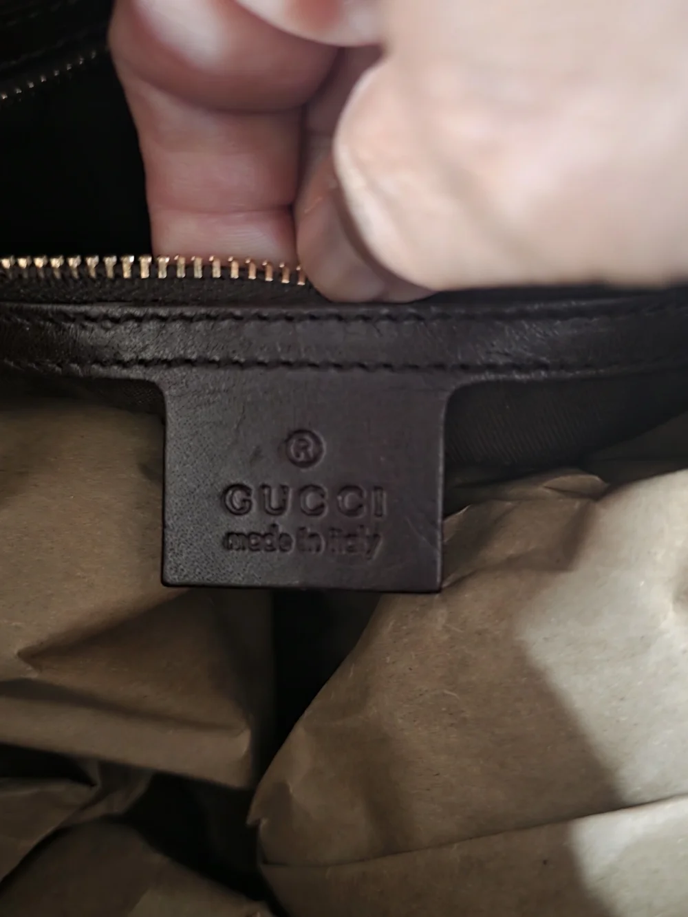 Gucci Dark Brown Embossed Leather Satchel with Gold Chain Detail